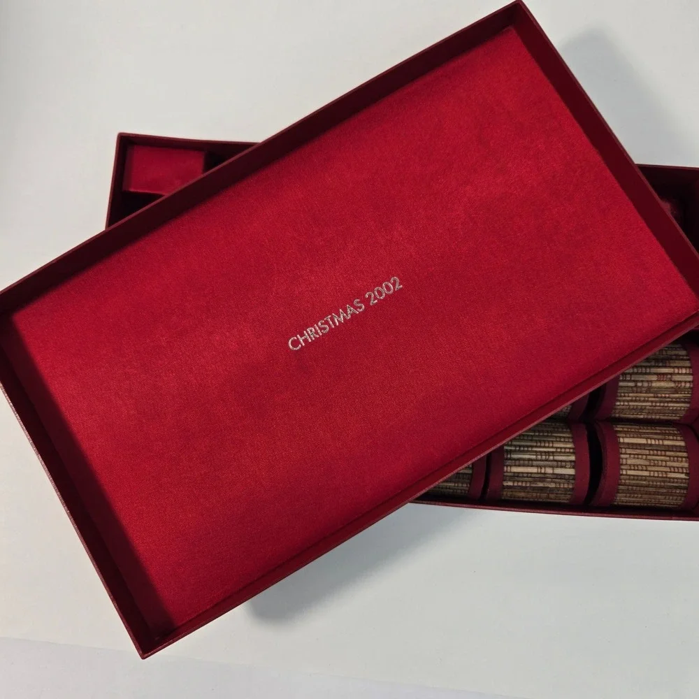 Neiman Marcus 2002 Christmas Set 8 Bamboo Napkin Rings & 12 Red Ball Candles Box